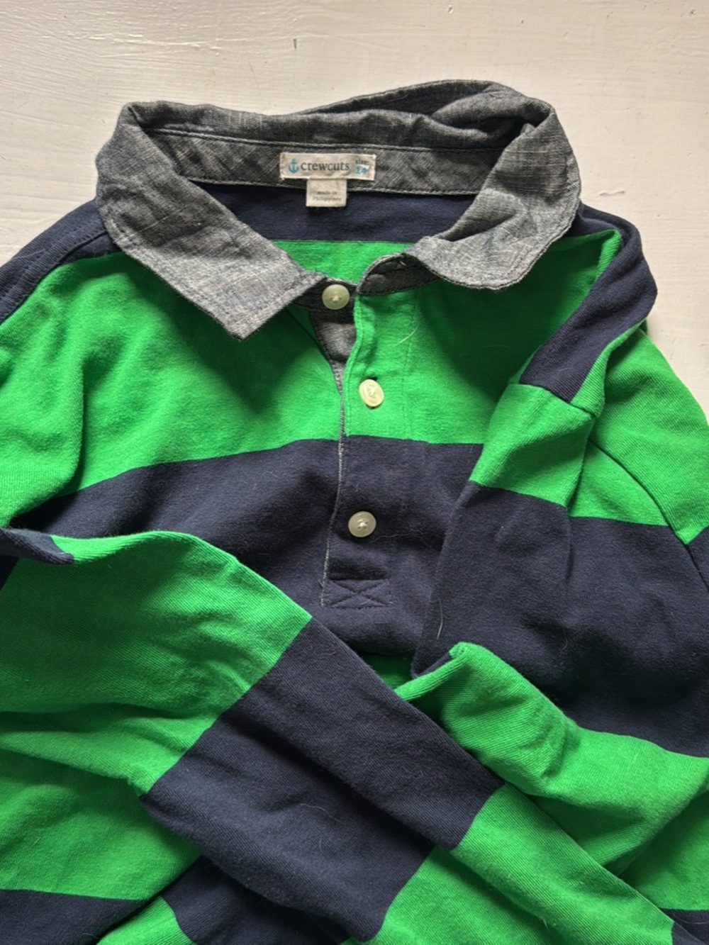 Crewcuts Green and Navy Striped Rugby Polo with Chambray Collar